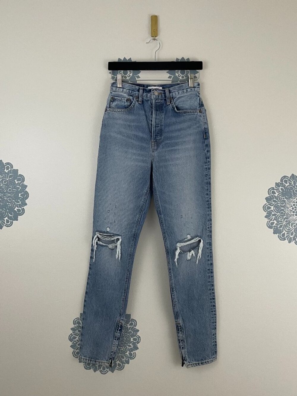 Re/Done Denim Super High Drainpipe Distressed Ankle Zip Jeans Size 26